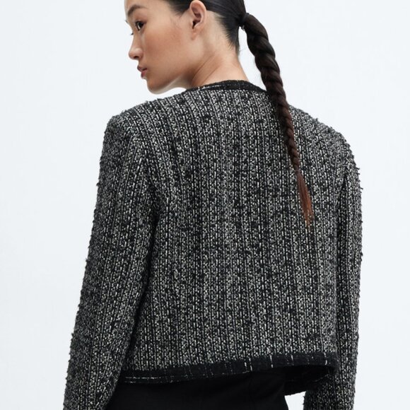 MANGO Sparkle Bead Trim Tweed Career Jacket Blazer PLUS SIZE 3X 4X Blk NEW $150 - Picture 10 of 13